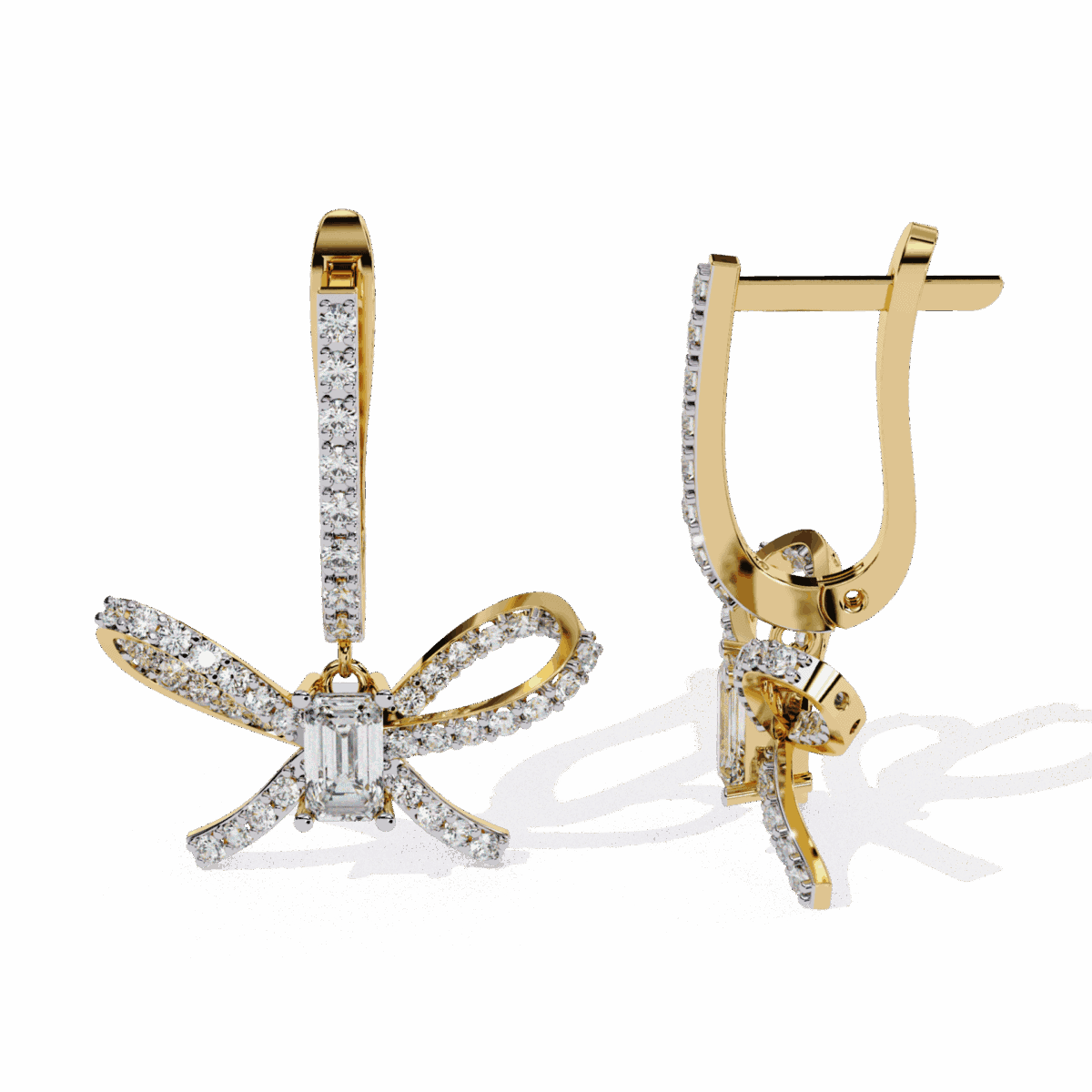 1.25 Carat Ribbon Emerald & Round Diamond Dangle Earrings  Image 8