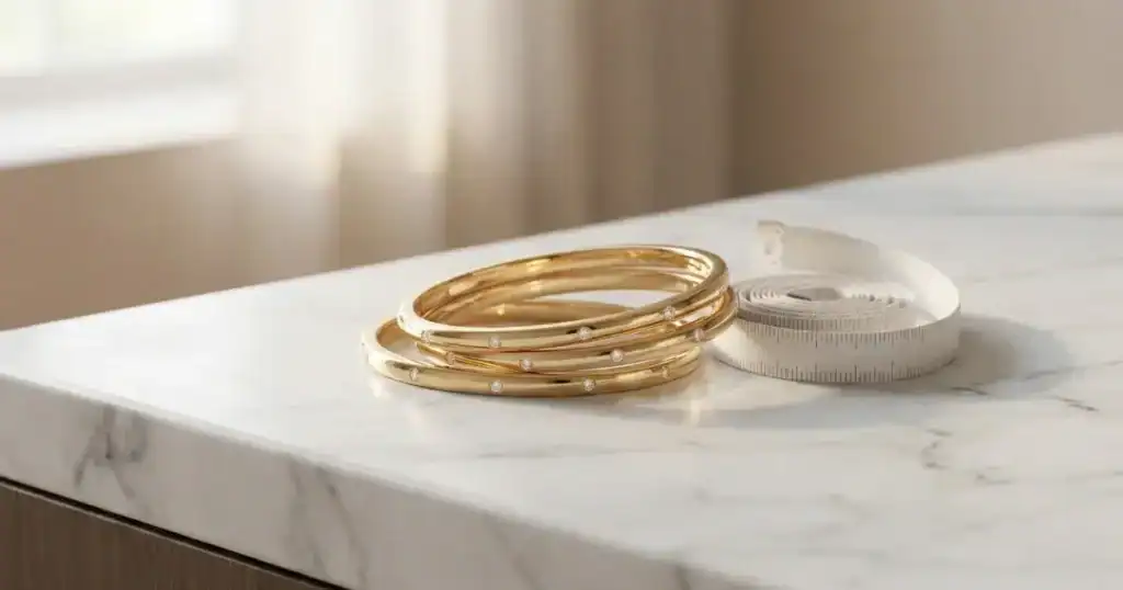 Bangle size chart India with gold diamond bangles and measuring tape