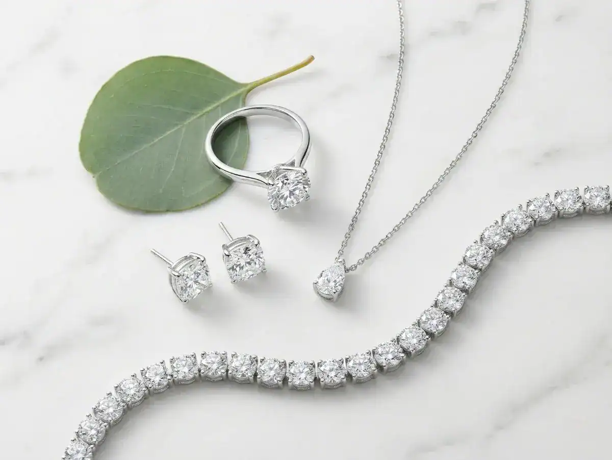 Chaitra Fine Jewels labgrown diamond collection featuring solitaire ring oval earrings pendant necklace and tennis bracelet on cream background