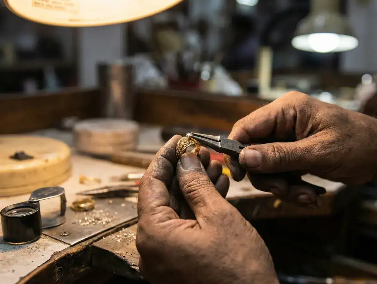 Chaitra karigar craftsman in Surat workshop handsetting labgrown diamond into gold ring setting