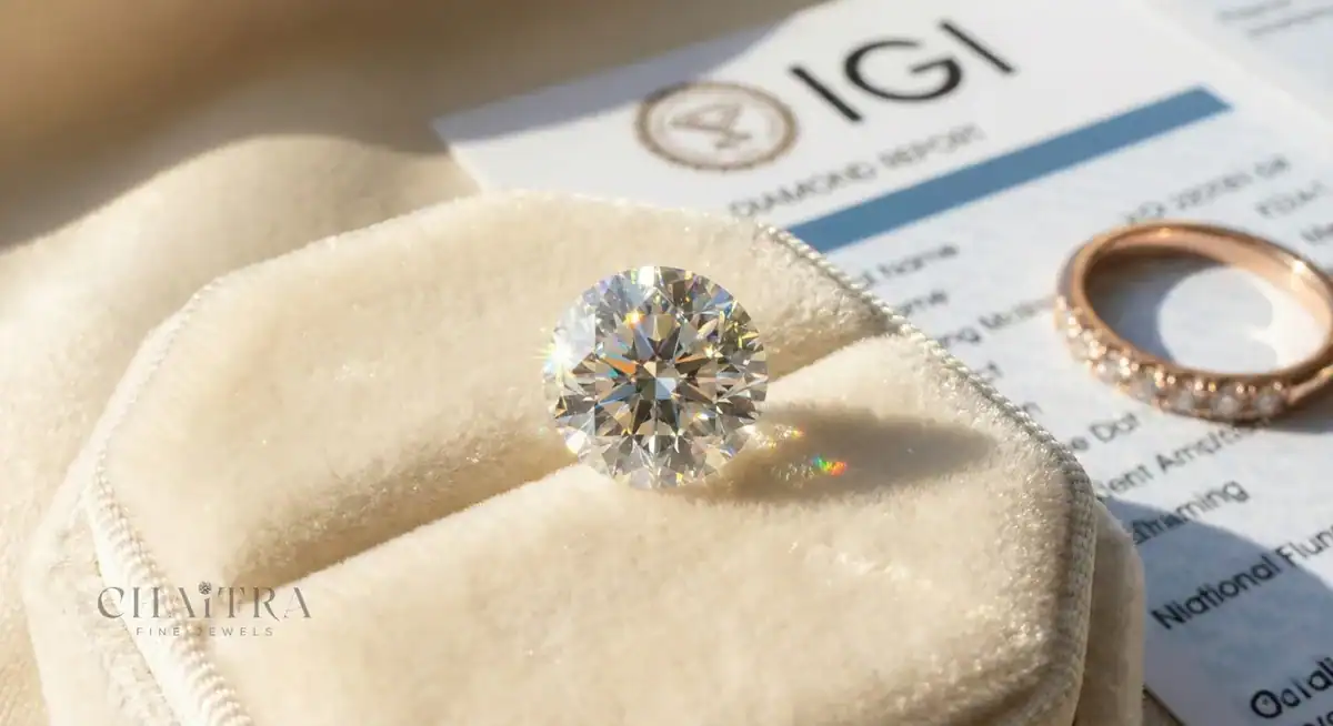 IGI certified lab grown diamond with certification report and rose gold ring