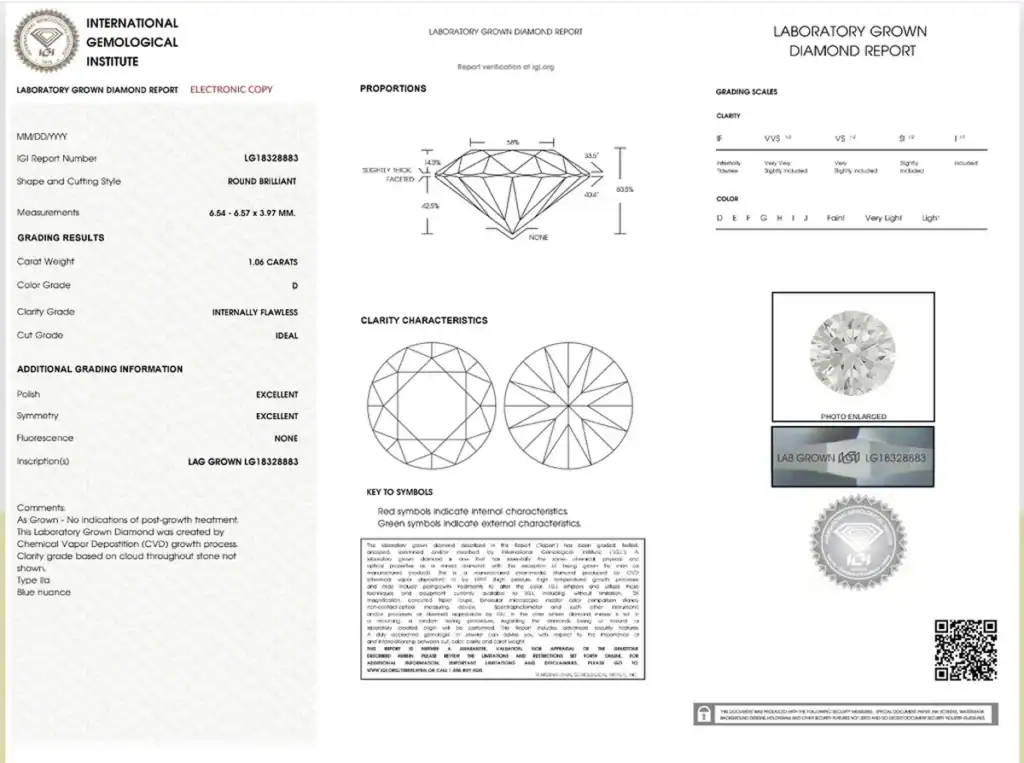 IGI labgrown diamond certificate example