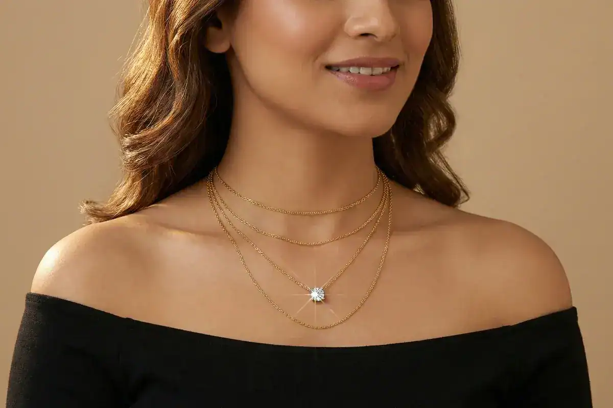 Different necklace chain lengths shown layered on woman