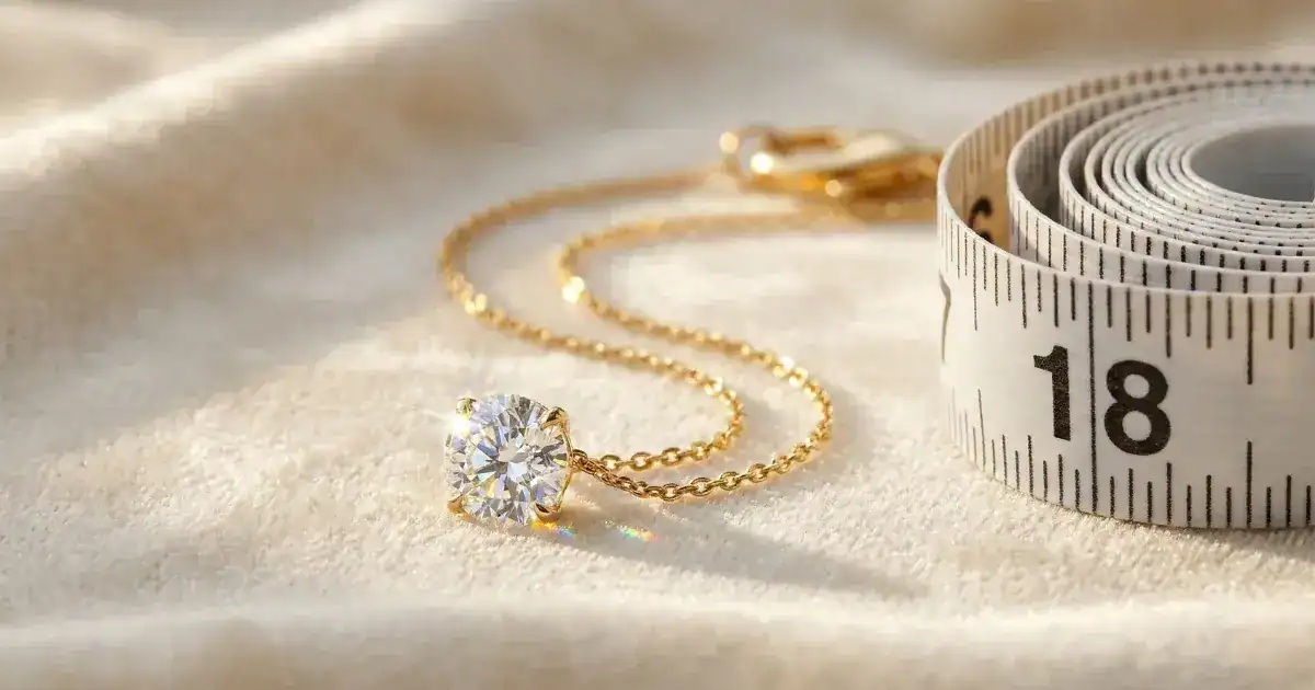 Necklace length guide with diamond pendant and 18 inch measuring tape