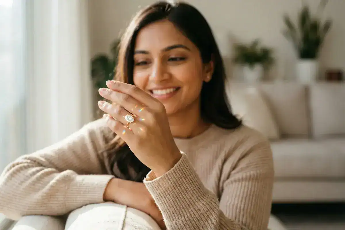 Oval diamond engagement ring trend 2026 most popular shape yellow gold on hand