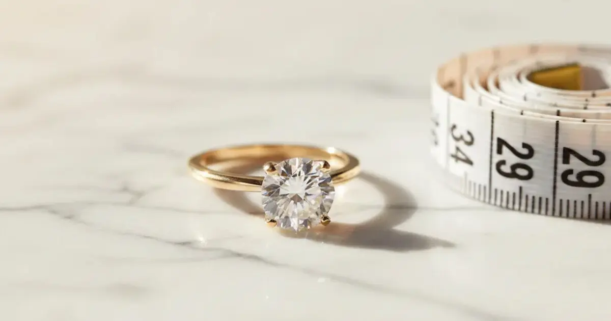 Ring size chart India with measuring tape and diamond ring