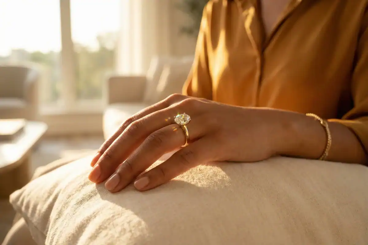 2026 engagement ring trends yellow gold 2 carat oval solitaire diamond ring on Indian woman's hand