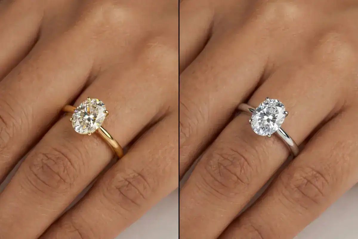 Yellow gold vs white gold engagement ring comparison 2026 trends same oval diamond design