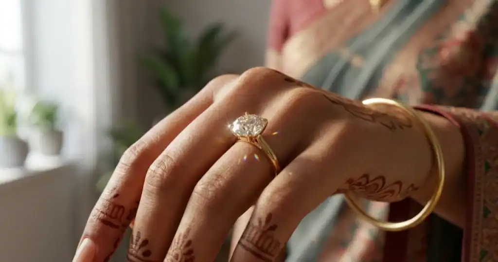 1 carat diamond ring on woman's hand showing size and brilliance