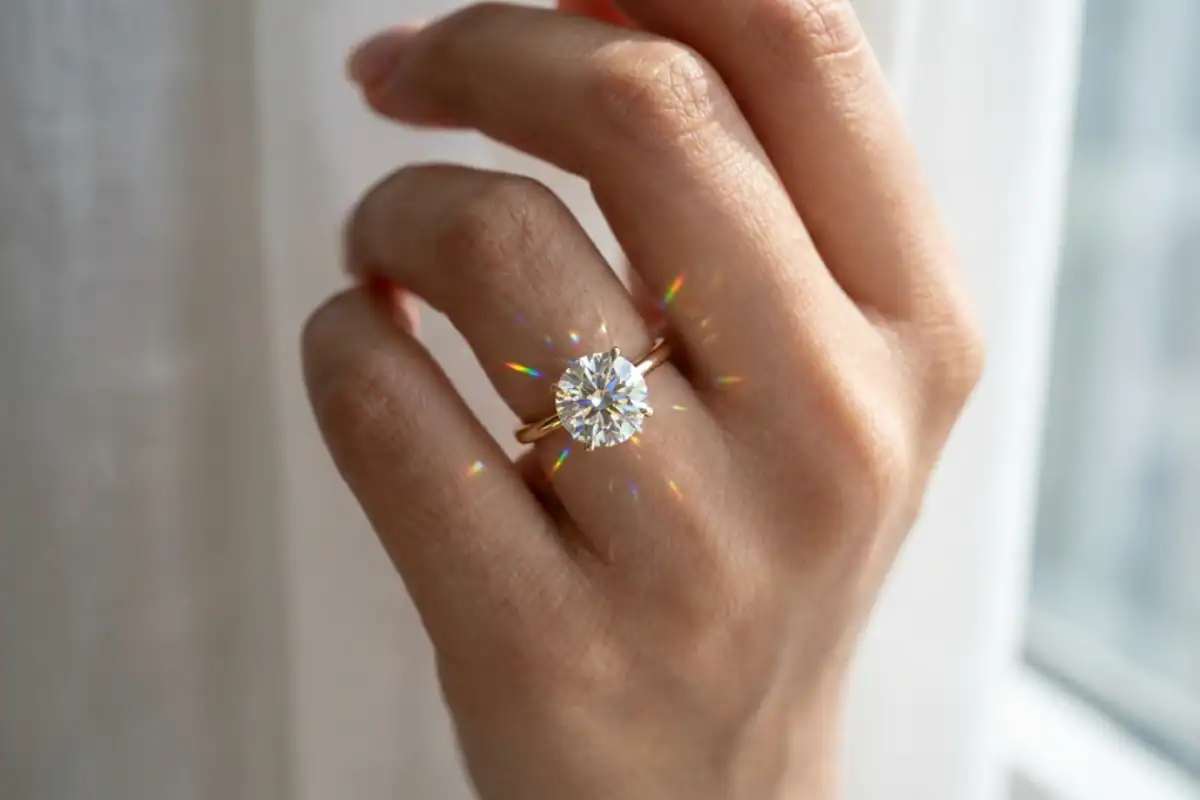 1 carat diamond ring on woman's hand showing actual size