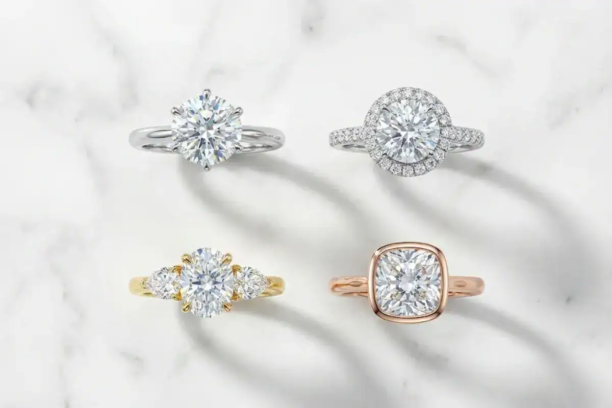 3 carat diamond ring setting options including solitaire halo and three stone