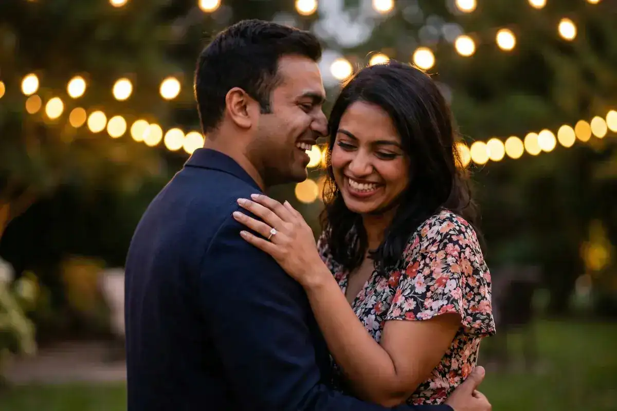 Happy couple embracing after engagement with diamond ring visible on her hand