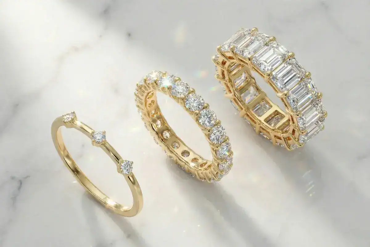 Lab grown diamond bands at different price points from entry level minimal to premium emerald cut eternity