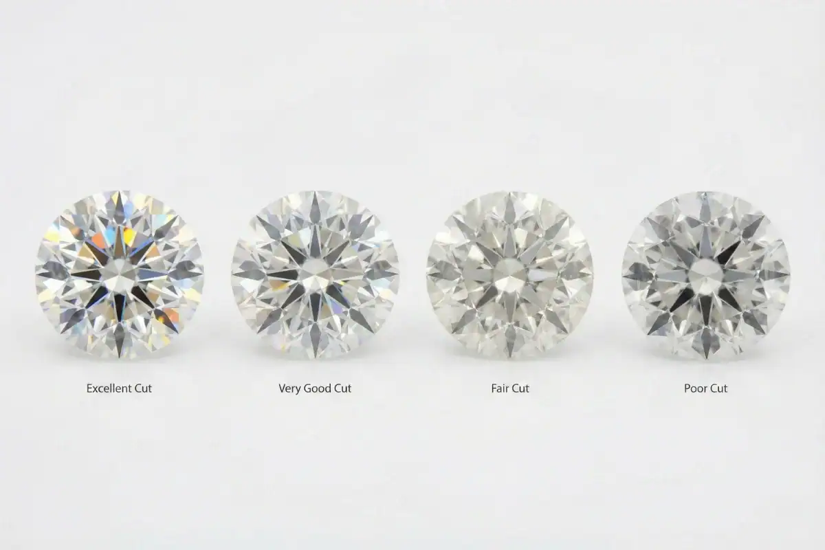 Diamond cut grade comparison showing excellent very good fair and poor cut quality side by side