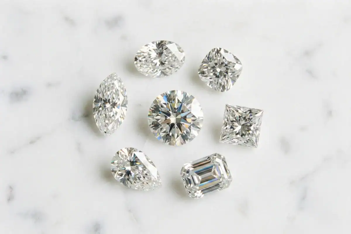 Seven lab grown diamond shapes comparison showing round oval marquise cushion princess pear and emerald cuts on marble