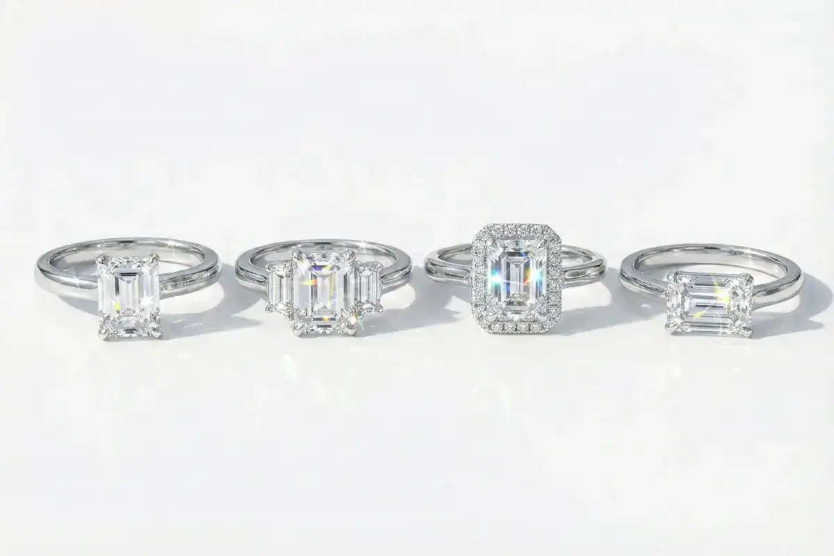 Emerald cut diamond ring settings solitaire threestone halo and eastwest comparison