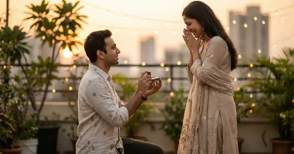 Man proposing with diamond engagement ring at golden hour on rooftop with city skyline