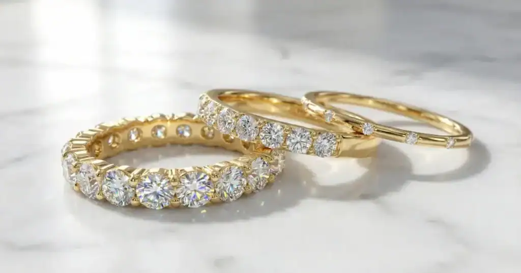 Lab created diamond bands in 18K gold showing eternity half-eternity and stackable styles