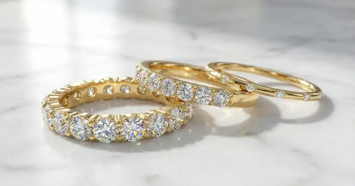 Lab created diamond bands in 18K gold showing eternity halfeternity and stackable styles