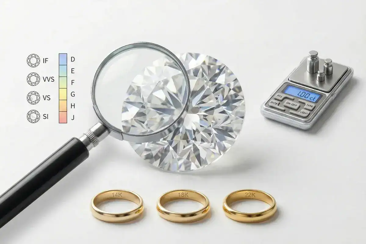 Factors affecting lab grown diamond cost including 4Cs clarity colour carat and gold purity