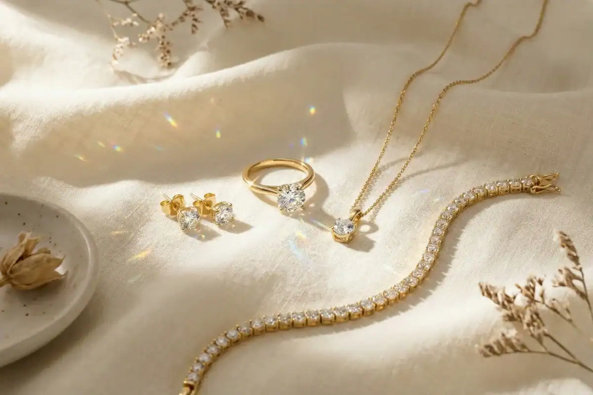 Lab grown diamond jewellery collection showing solitaire ring stud earrings pendant necklace and tennis bracelet in 18K yellow gold