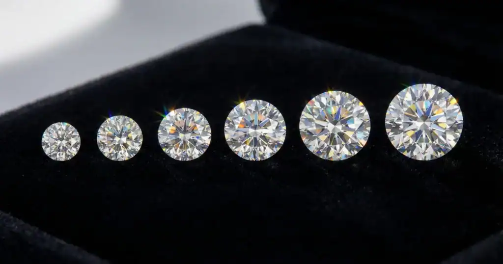 Lab grown diamond price in India showing five round brilliant diamonds from 0.5 to 3 carats on black velvet