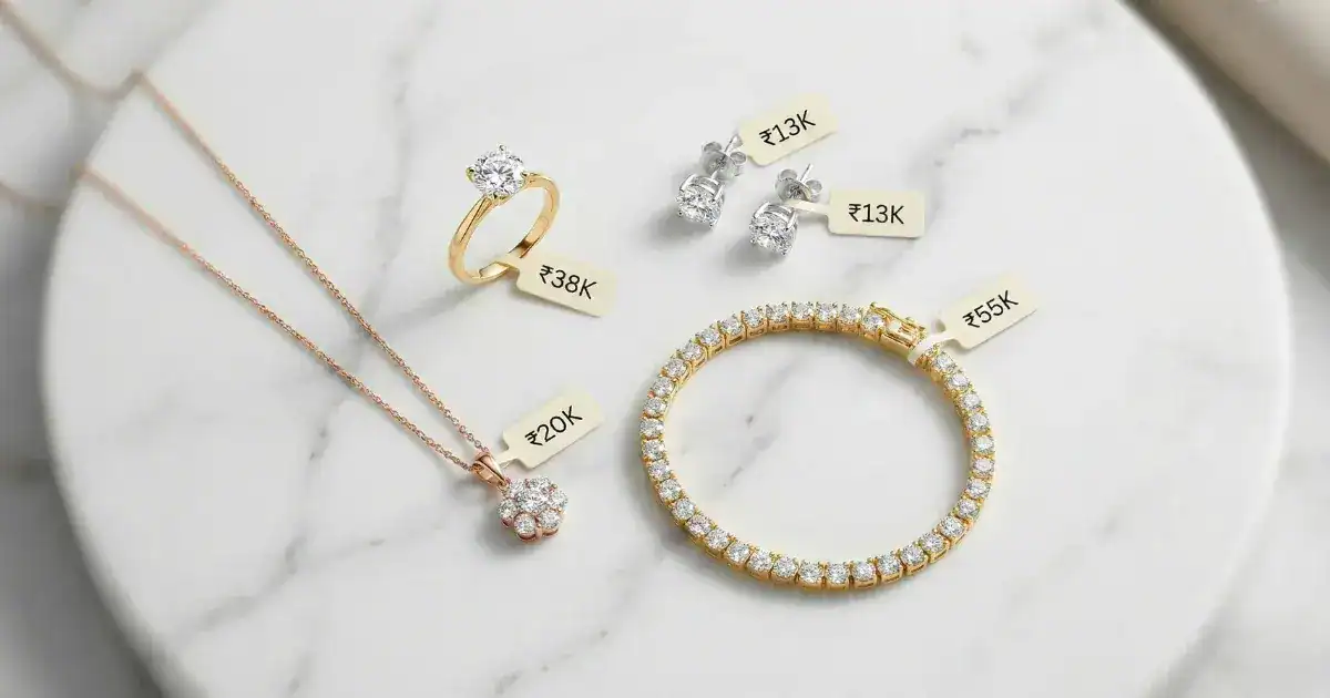 Lab grown diamonds cost guide showing various diamond jewellery types with price tags