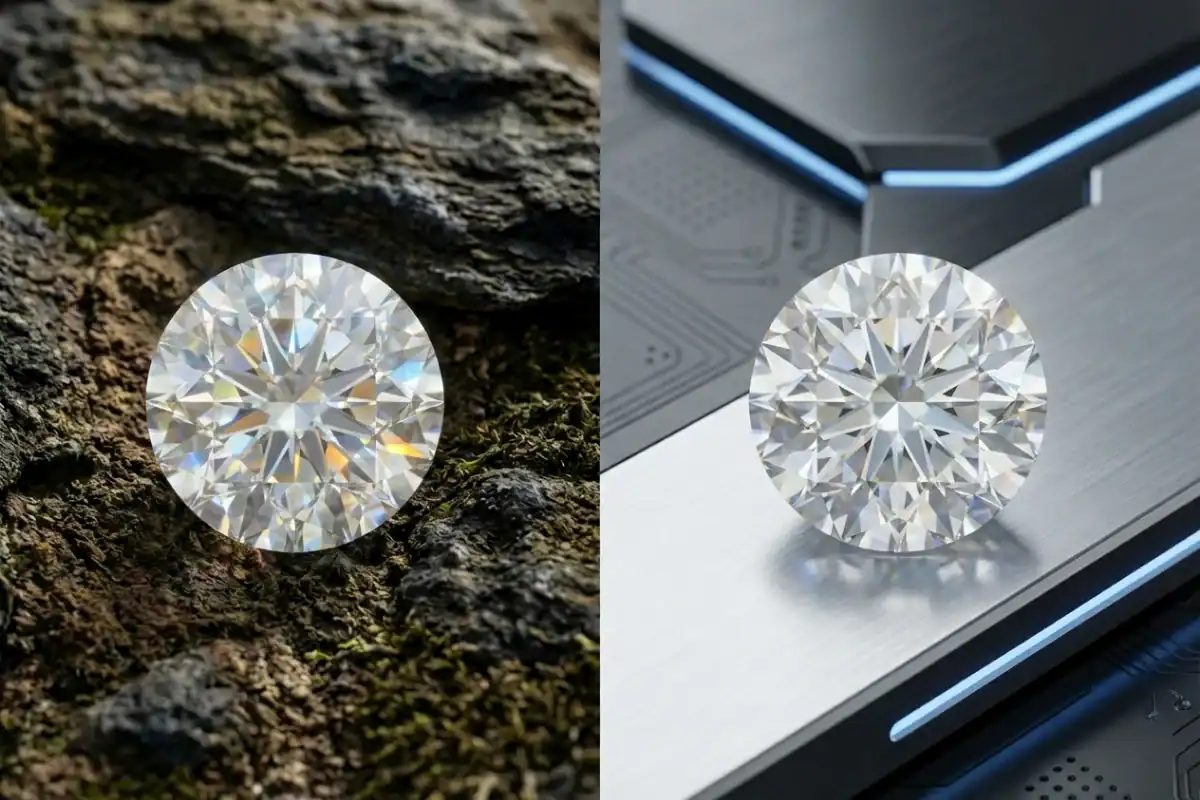 Lab grown vs natural diamond comparison showing identical round brilliant diamonds side by side