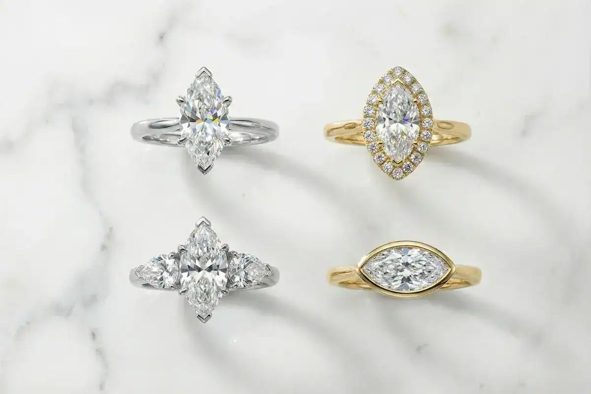 Different marquise diamond ring styles including solitaire halo and three stone settings