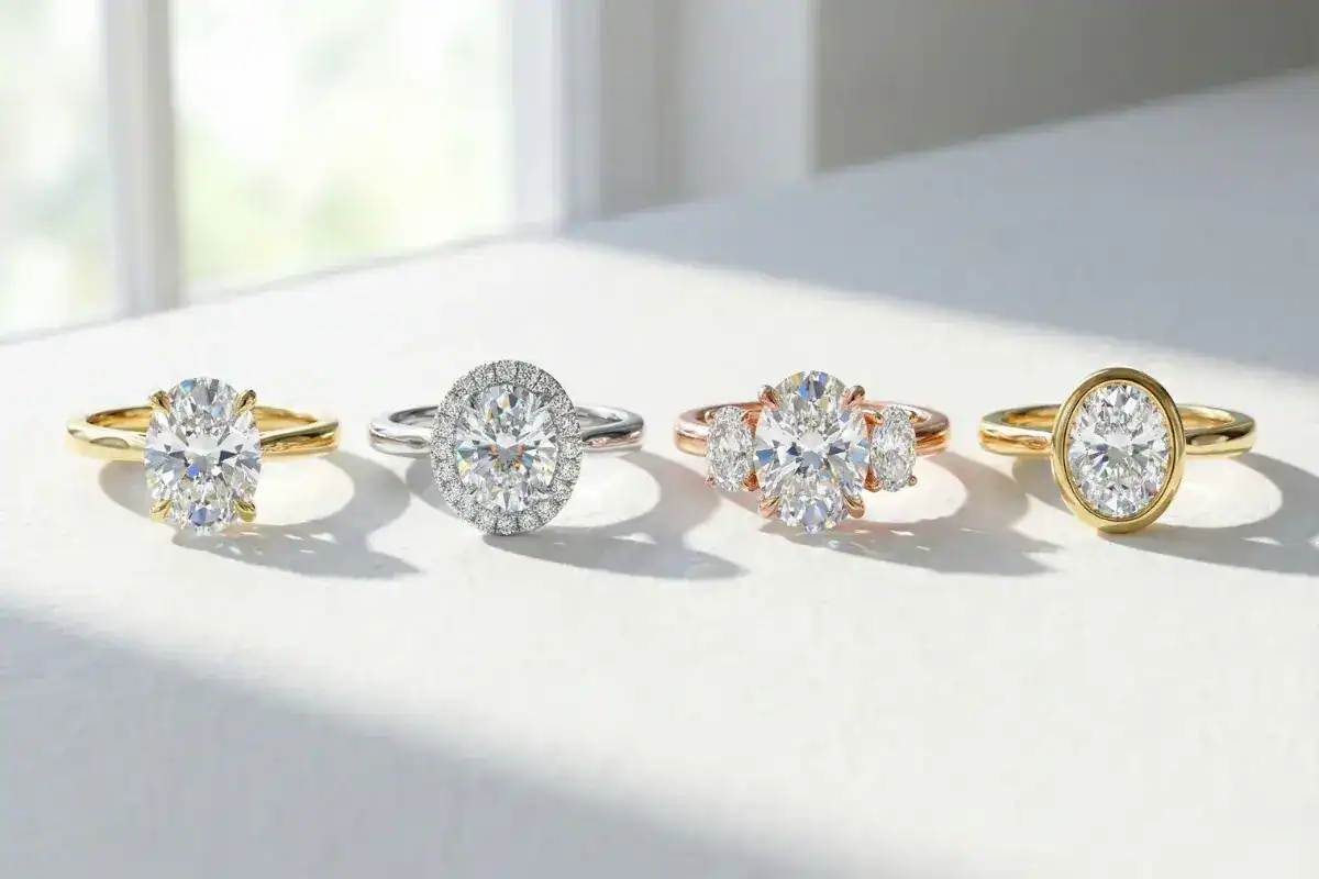 Oval diamond ring settings solitaire halo threestone and bezel comparison