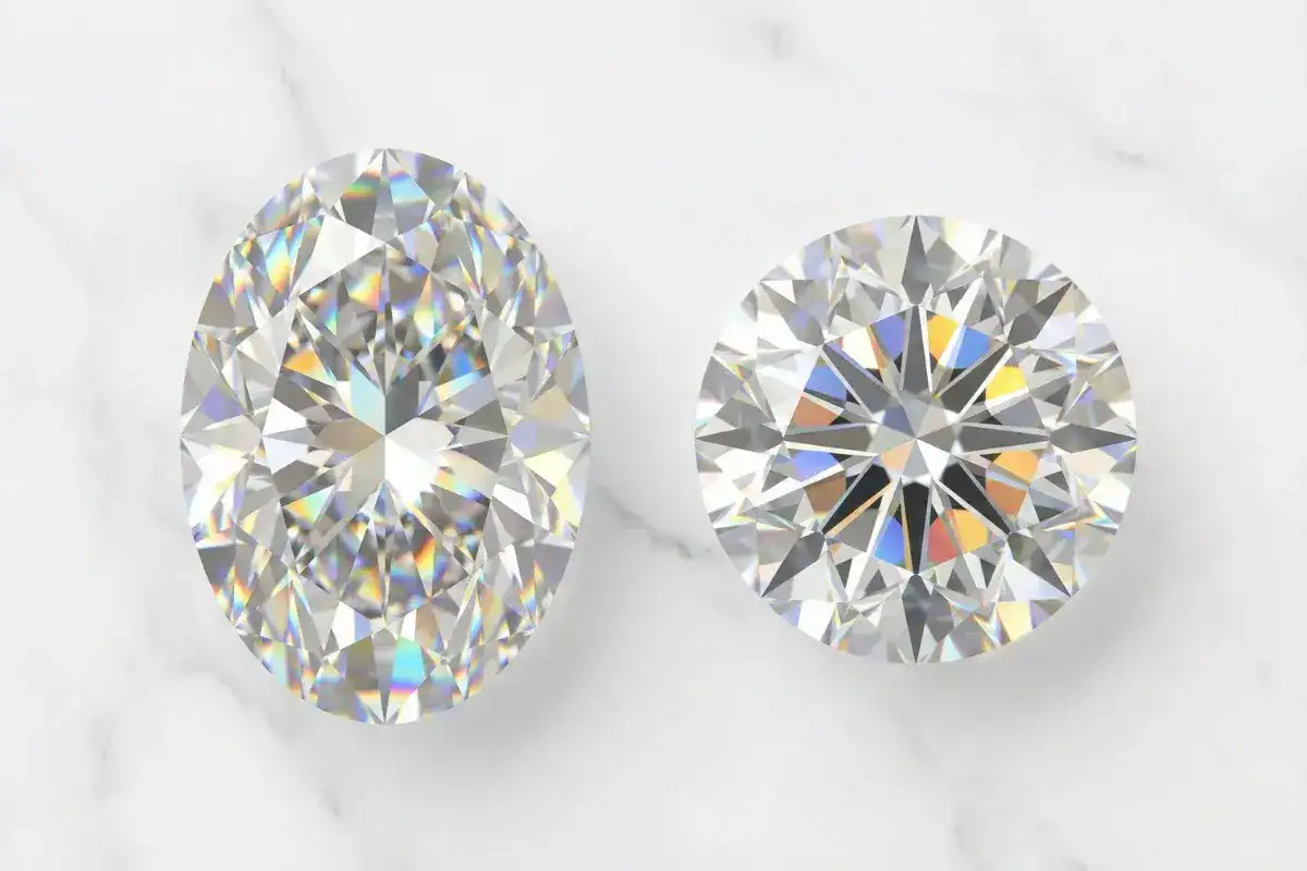 Oval cut vs round cut diamond comparison showing size difference at same carat weight