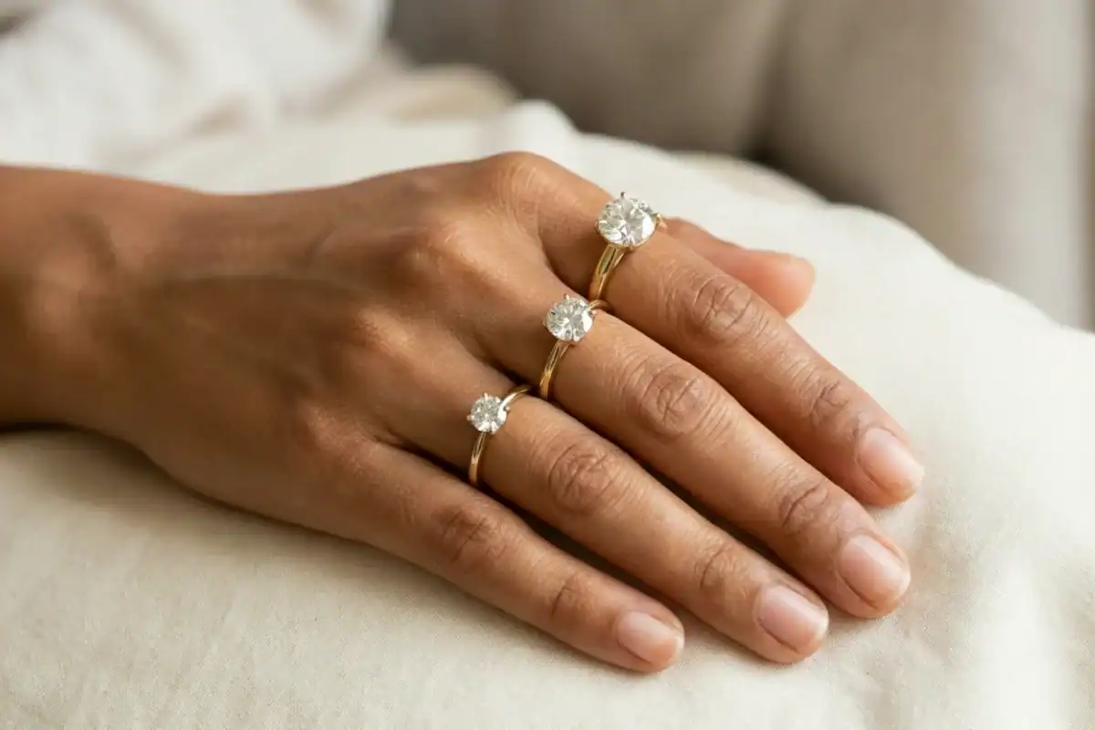 Solitaire ring carat size comparison showing 0.5ct 1ct and 2ct diamonds on Indian woman hand