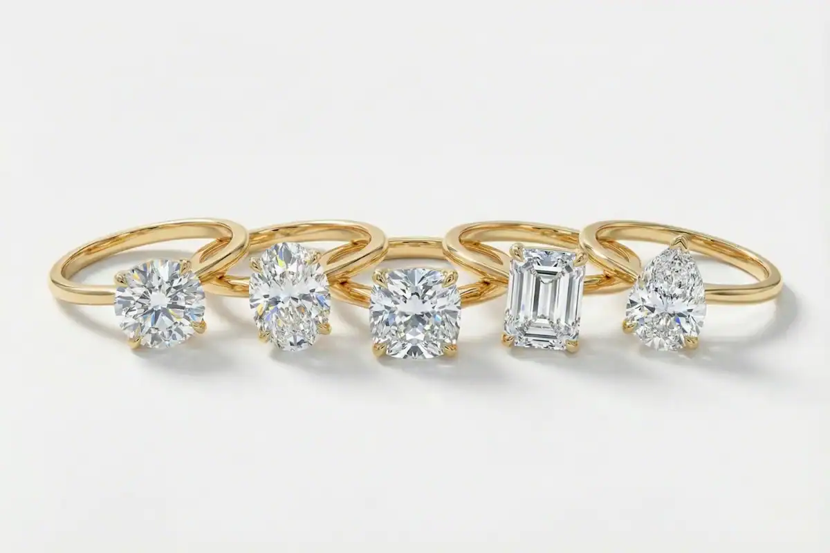 Five solitaire engagement rings showing round oval cushion emerald and pear diamond shapes in 18K yellow gold